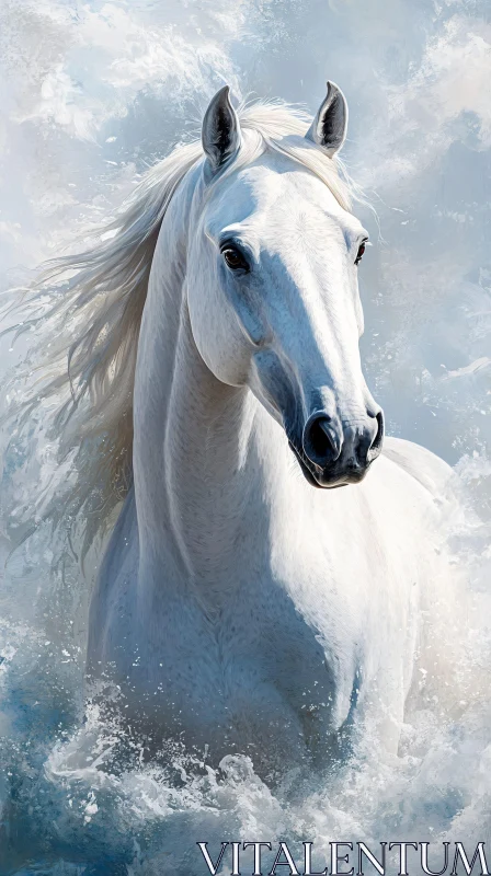 White Horse Emerging from Waves AI Image