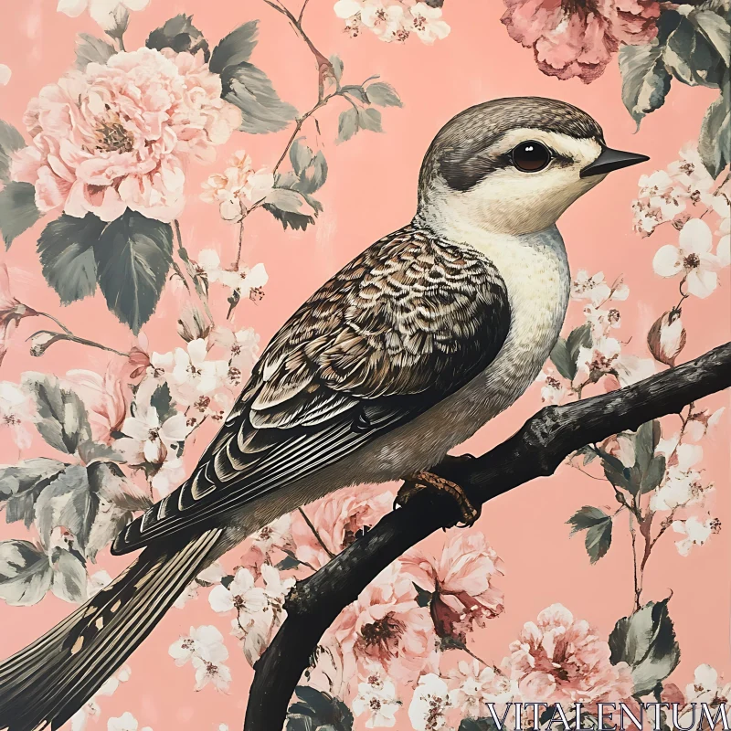 Floral Bird on Branch Illustration AI Image