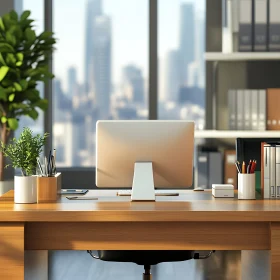 Contemporary Office Desk and Urban Skyline