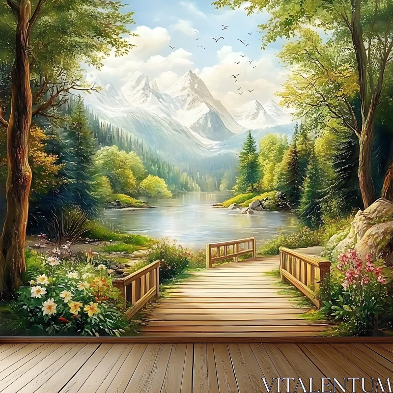 Scenic Wooden Bridge Overlooking Serene Lake and Majestic Mountains AI Image