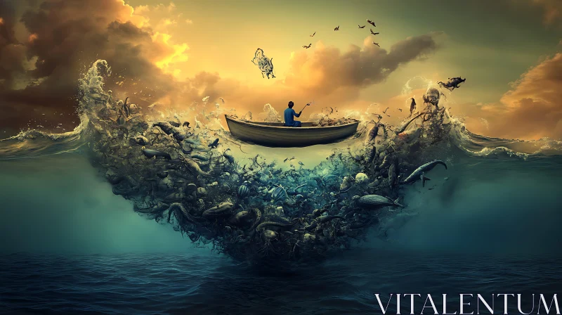 Man's Journey on a Wave of Sea Life AI Image