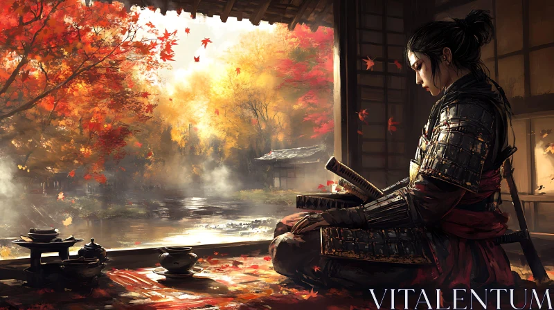 AI ART Serene Samurai Meditation Amidst Falling Leaves