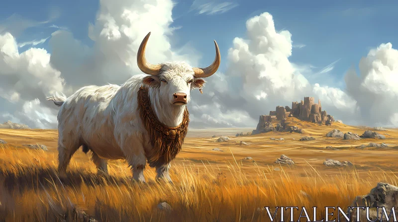 White Bull with Castle in Background AI Image