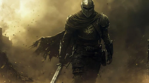 Armored Knight in Smoky Battlefield