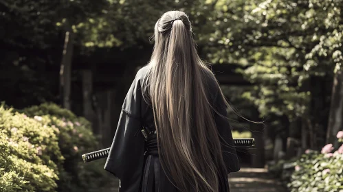 Back View of Woman Samurai with Sword