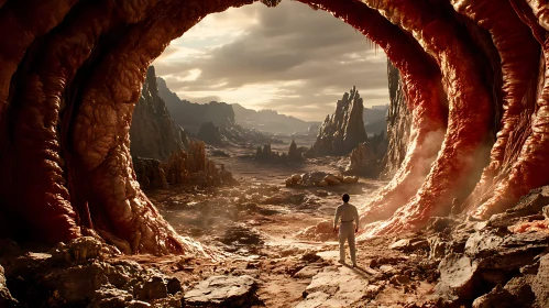 Monochrome Alien World with Enormous Cave
