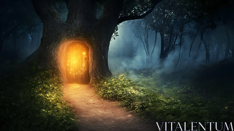 AI ART Enchanted Tree Doorway in Dark Forest