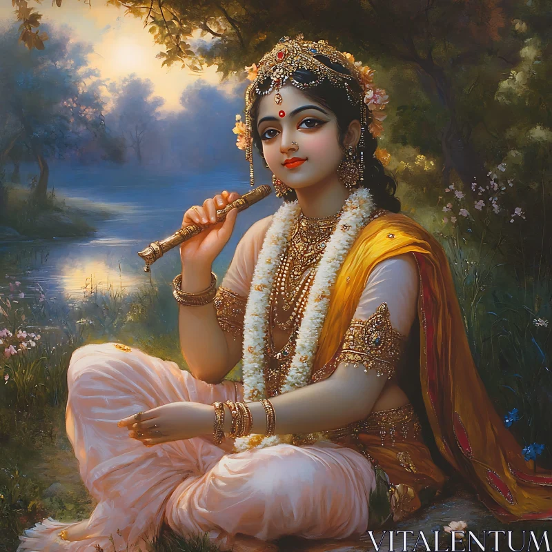 Krishna with Flute in Peaceful Landscape AI Image