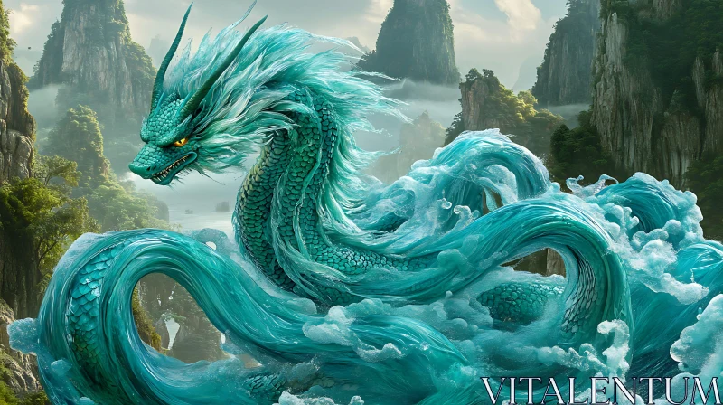 AI ART Serpentine Water Dragon in Mountainous Landscape