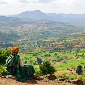 Contemplative View of Green Terraces and Mountains