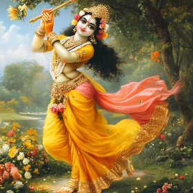 Golden Krishna Playing Flute Artwork