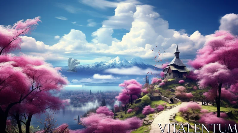 Anime Art: Pink Fantasy Landscape with Cherry Blossoms AI Image