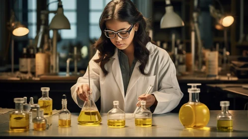 Asian-Inspired Meticulously Crafted Scene: Young Female Chemist and Glass of Oil
