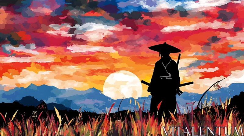 AI ART Warrior at Dusk: A Silhouette Painting