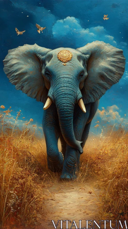 Elephant in Golden Field AI Image