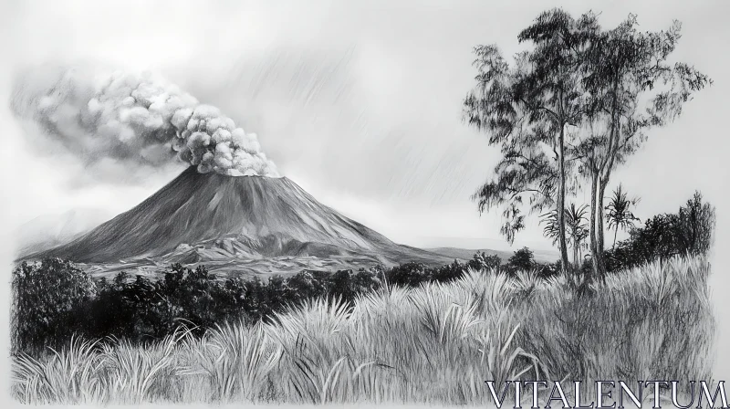 Monochrome Volcano Eruption Drawing AI Image