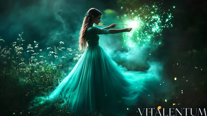 Mystical Archer in Emerald Gown AI Image