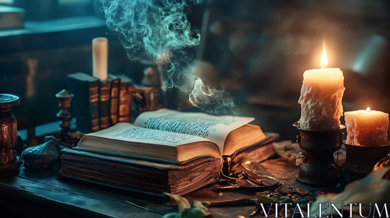 Mystical Books and Candlelight Still Life AI Image