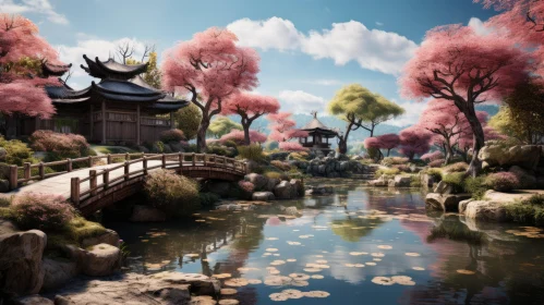 Blossoming Landscape with Bridge and Pond: A Heian Period Inspiration