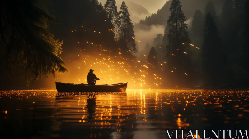 Captivating Nature Art: A Man Fishing in a Boat with Firelight AI Image
