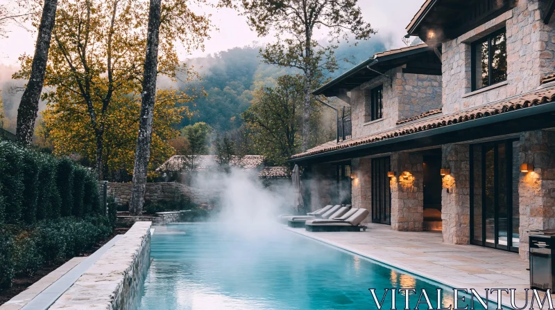 Elegant Home with Misty Pool and Stone Architecture AI Image