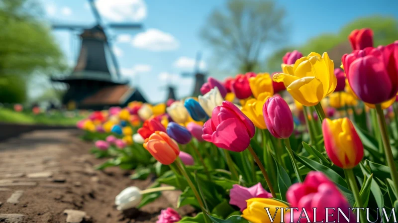 Colorful Tulips and Windmills in Holland - A Vibrant Composition AI Image