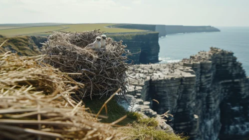 Delicate Nest with Baby Birds on a Rugged Cliff