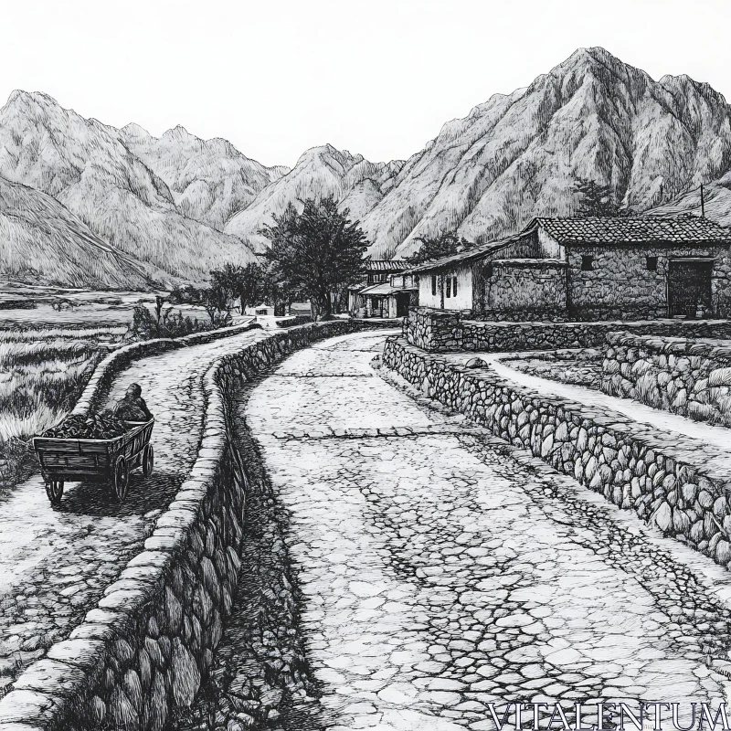 AI ART Stone Road Leading to Mountain Village