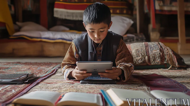 Child Learning on Tablet Indoors AI Image