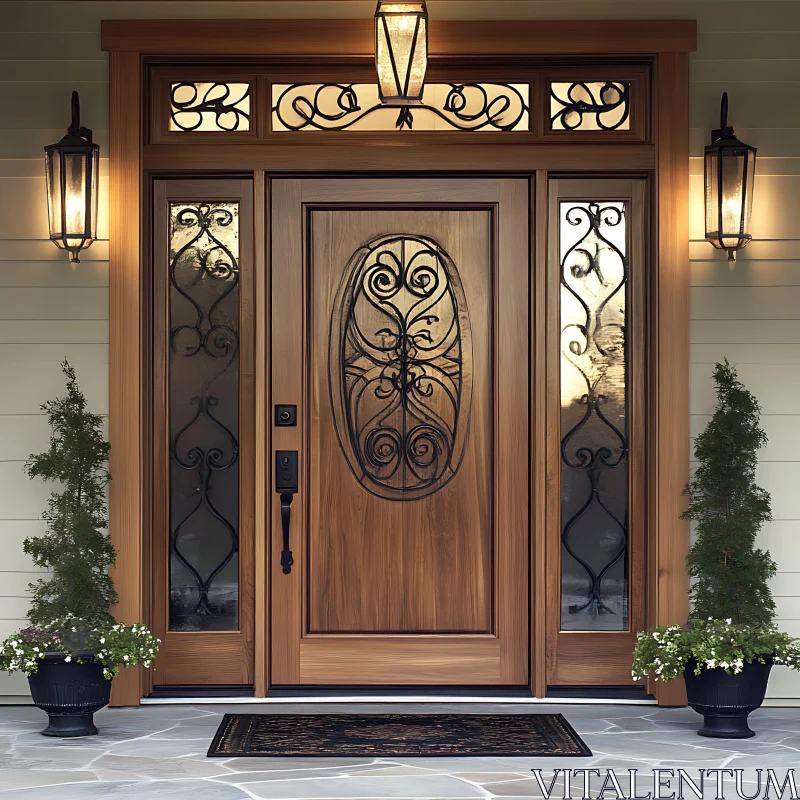 AI ART Charming Entrance with Wooden Door and Ironwork