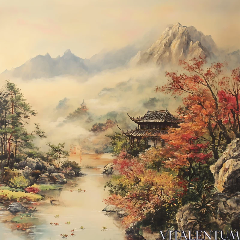 Autumnal Pagoda Mountain Scene AI Image