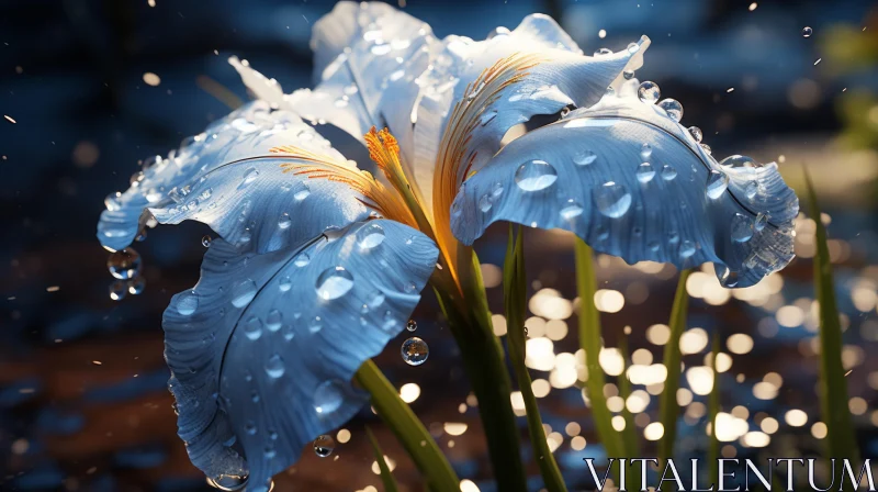 Iris Flower in Rain: A Photorealistic Still Life AI Image