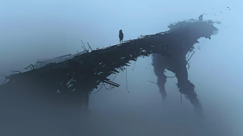 Post-apocalyptic Landscape with Broken Bridge and Mechanical Creature