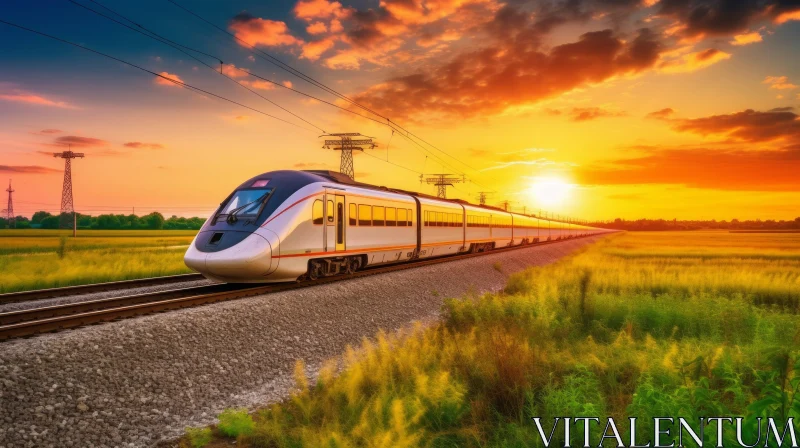 Serene Countryside Sunset: A Graceful White Train Journey AI Image