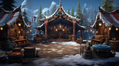 Snowy Forest and Tavern Scene in Dragoncore Style