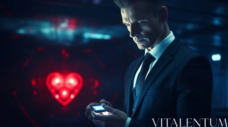 Stylish Man in Suit Holding Smartphone with Red Light | Valentine Hugo Style AI Image