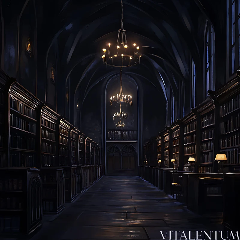 AI ART Vintage Library With Chandeliers and Bookshelves