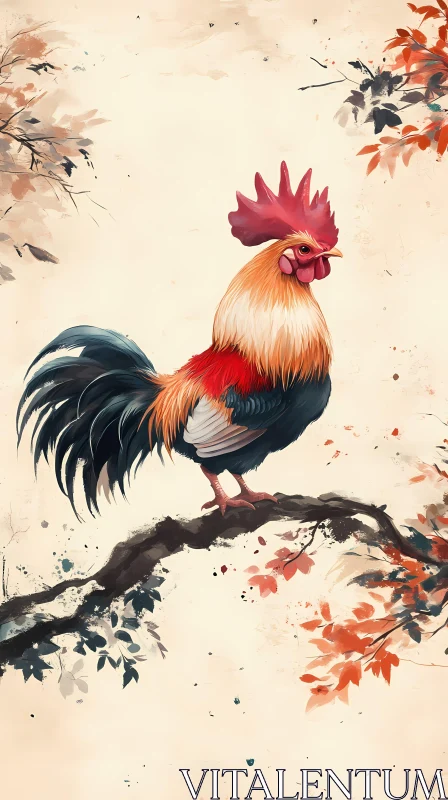 AI ART Rooster on Branch with Colorful Foliage