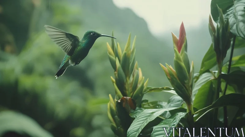 Emerald Hummingbird Amidst Tropical Plants AI Image