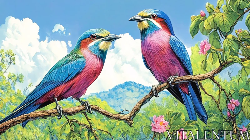 Serene Bird Duo on Flowering Branch AI Image