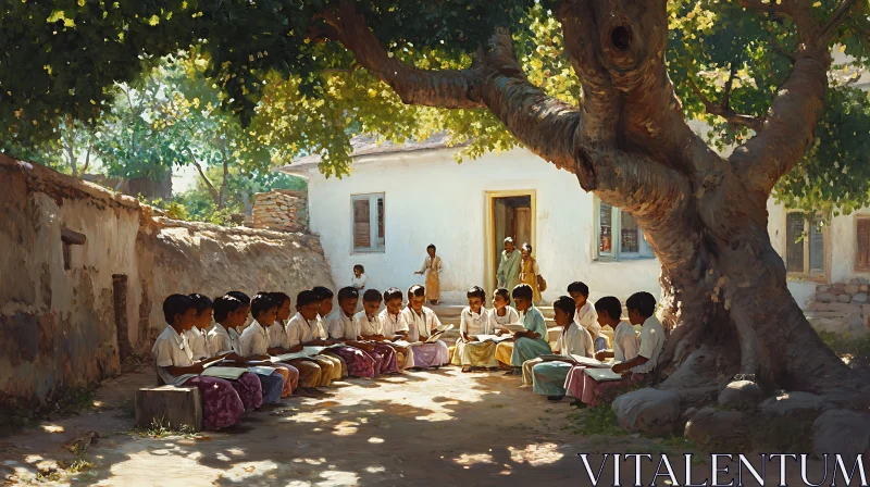 Rural School Children Reading Art AI Image