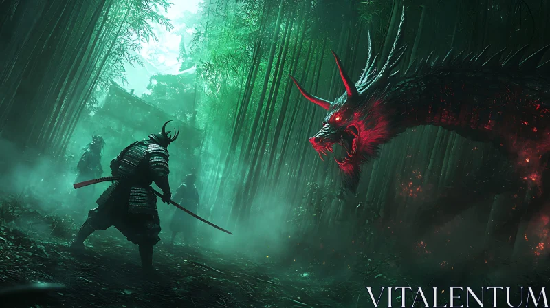 AI ART Forest Battle: Samurai Confronts Fiery Dragon