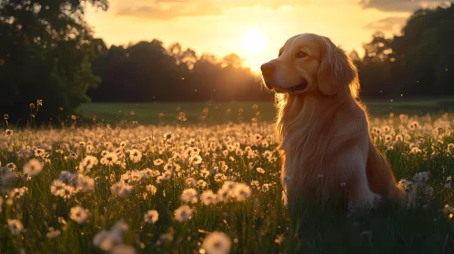 Dog Amidst Sunset Blossom
