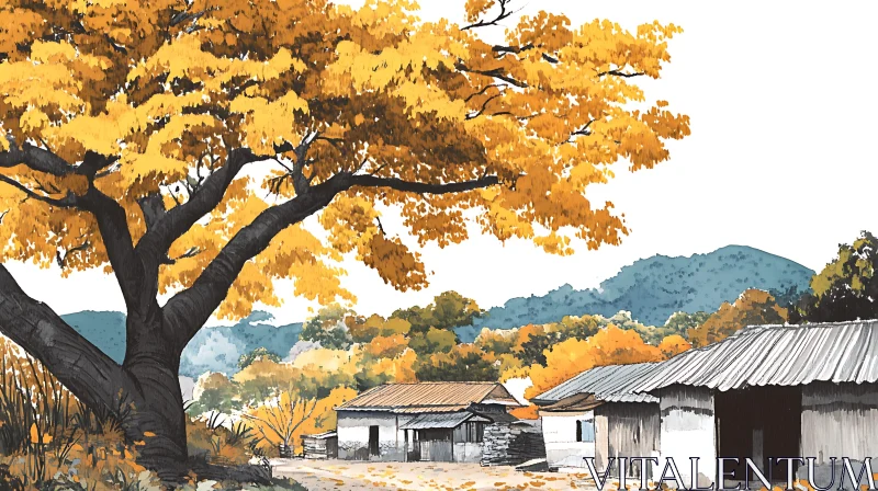 AI ART Golden Autumn Tree in Village