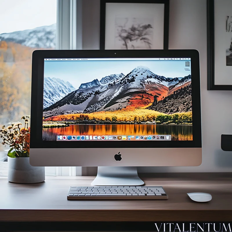 Apple iMac on Desk with Mountain Landscape Display AI Image