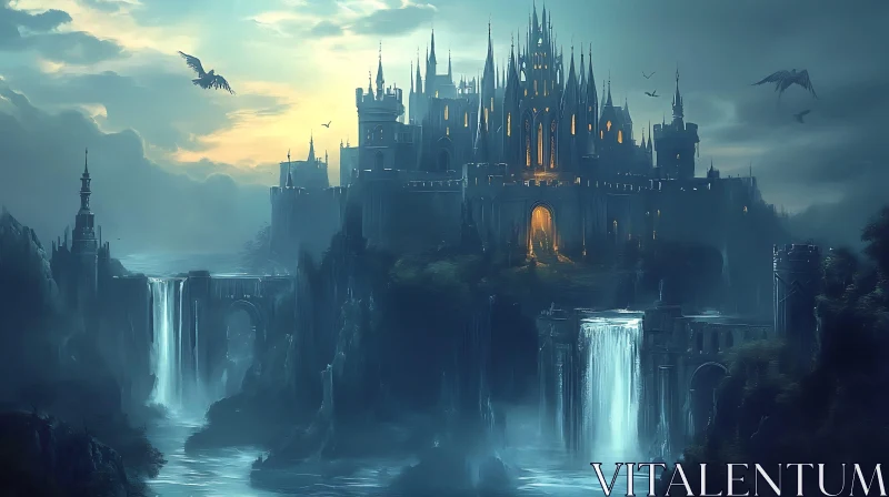 AI ART Fantasy Castle Overlooking Waterfalls