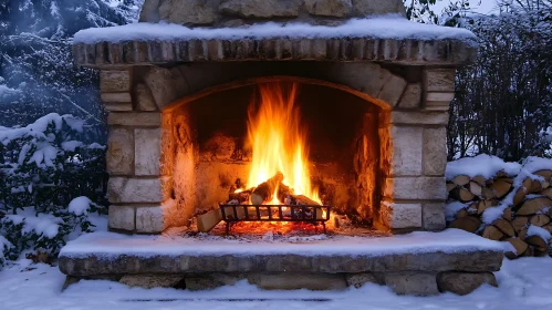 Warm Stone Fireplace in Snow-Covered Forest