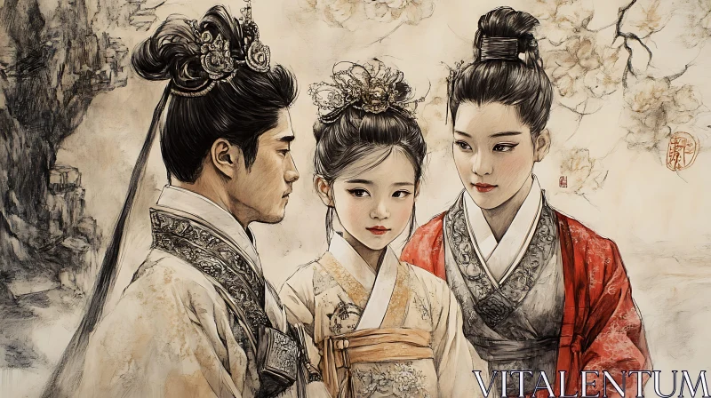 Three People in Hanfu, Traditional Attire AI Image