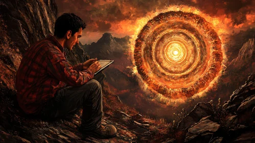 Man Drawing Near a Fiery Portal