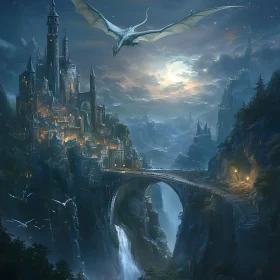 Moonlit Dragon Over Ancient Fortress